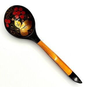 Decorative Lacquer Painted Berry and Leaf Wood Spoon